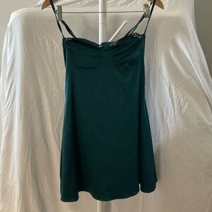 Dark Teal Satin Slip Dress with Lace Trim